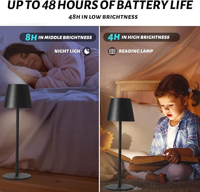 Maksone 2 Pack LED Cordless Table Lamp, 6600mWh Rechargeable Battery Desk Lamp, 3000K Stepless Dimming Night Light, IP54 Waterproof Metal Outdoor Portable Lamp for Restaurant, Patio (Black) - LeafyLoom