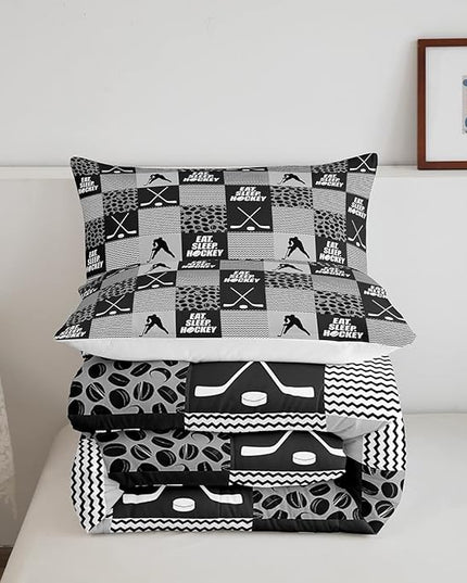 Ice Hockey Comforter Sets for Boys girls Twin Black White Grey Winter Sports Games Down Comforter Kids Teen Room Decor,Player Bedding Set Geometric Checkered Stripes Quilt Duvet 1 Pillow Case - LeafyLoom