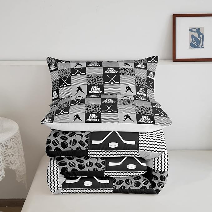 Ice Hockey Comforter Sets for Boys girls Twin Black White Grey Winter Sports Games Down Comforter Kids Teen Room Decor,Player Bedding Set Geometric Checkered Stripes Quilt Duvet 1 Pillow Case - LeafyLoom