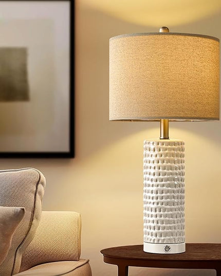 PORTRES 24" Bedside Lamps Table Lamp for Bedroom, 3-Way Dimmable Touch Nightstand Lamp, Farmhouse Ceramic White Lamp for Living Room End Table Lamps with USB C+A Ports (1 Pack) - LeafyLoom
