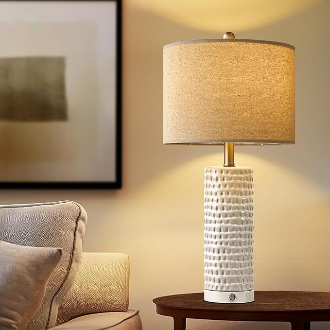 PORTRES 24" Bedside Lamps Table Lamp for Bedroom, 3-Way Dimmable Touch Nightstand Lamp, Farmhouse Ceramic White Lamp for Living Room End Table Lamps with USB C+A Ports (1 Pack) - LeafyLoom