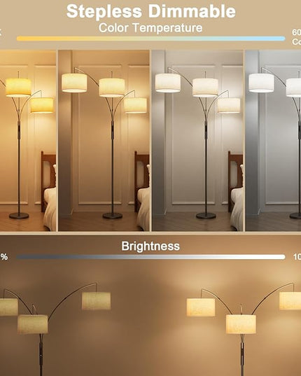 36W LED Arc Floor Lamp with 3 Fabric Shades, 3000LM Super Bright Standing Lamp with Remote Control & Touch, Stepless Dimming, Individual Light Control for Living Room, Bedroom - LeafyLoom