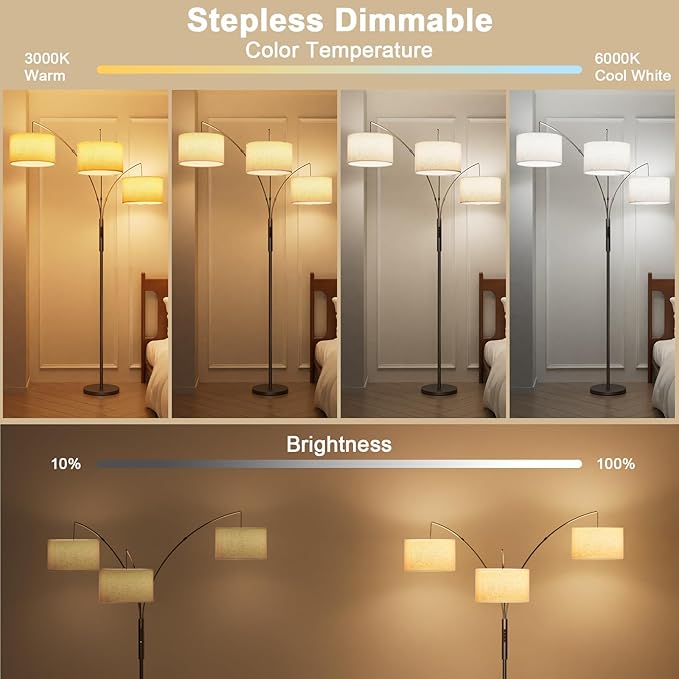 36W LED Arc Floor Lamp with 3 Fabric Shades, 3000LM Super Bright Standing Lamp with Remote Control & Touch, Stepless Dimming, Individual Light Control for Living Room, Bedroom - LeafyLoom