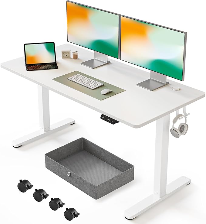 FEZIBO 63 x 24 Inches Standing Desk with Drawer, Adjustable Height Electric Stand up Desk with Storage, Sit Stand Home Office Desk, Ergonomic Computer Desk, White - LeafyLoom