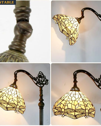 WERFACTORY Tiffany Floor Lamp Cream Stained Glass Dragonfly Arched Lamp 12X18X64 Inches Gooseneck Adjustable Corner Standing Reading Light Decor Bedroom Living Room S139 Series - LeafyLoom