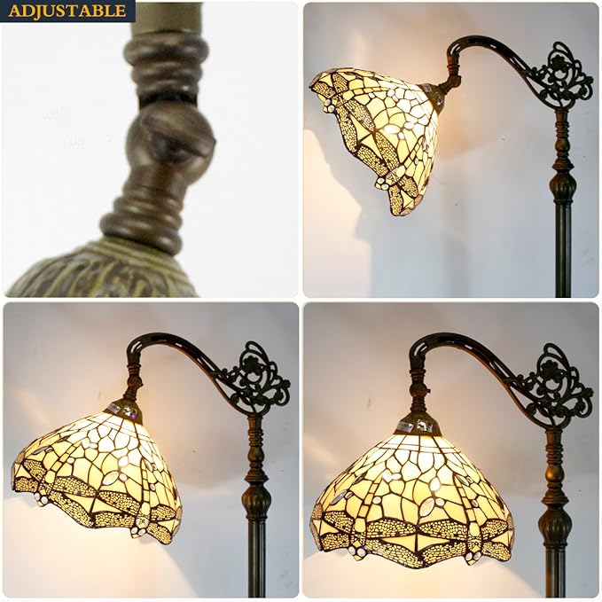 WERFACTORY Tiffany Floor Lamp Cream Stained Glass Dragonfly Arched Lamp 12X18X64 Inches Gooseneck Adjustable Corner Standing Reading Light Decor Bedroom Living Room S139 Series - LeafyLoom