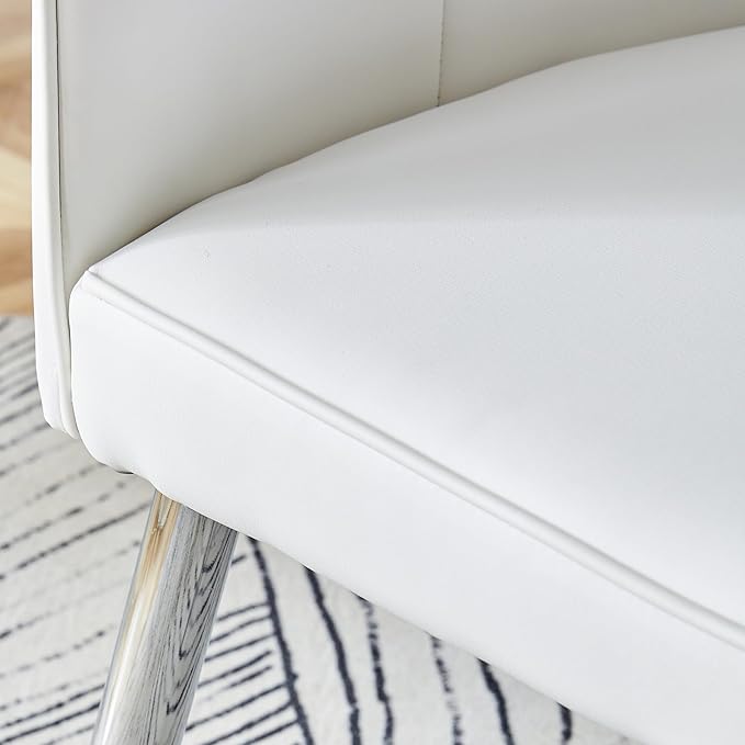 Modern Dining Chairs Set of 4, PU Leather Seat Cushions White Dining Room Chair, with Silver Metal Legs Kitchen Chair for Home Living Room, Restaurant - LeafyLoom