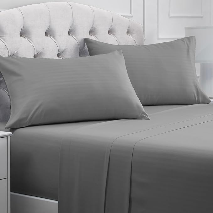 Mellanni Full Sheets Set - 4 PC Iconic Collection Bedding Sheets & Pillowcases - Hotel Luxury, Extra Soft, Cooling Bed Sheets - Deep Pocket up to 16 inch (Full, Striped Gray/Silver) - LeafyLoom