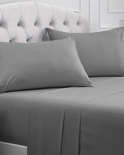Mellanni California King Sheets Set - 4 PC Iconic Collection Bedding Sheets & Pillowcases - Hotel Luxury, Extra Soft, Cooling Bed Sheets - Deep Pocket up to 16 inch (Cal King, Striped Gray/Silver) - LeafyLoom