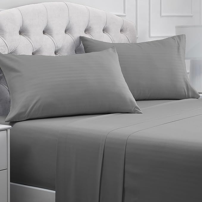 Mellanni California King Sheets Set - 4 PC Iconic Collection Bedding Sheets & Pillowcases - Hotel Luxury, Extra Soft, Cooling Bed Sheets - Deep Pocket up to 16 inch (Cal King, Striped Gray/Silver) - LeafyLoom