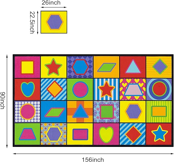 LIVEBOX Geometry Teaching Kids Rug for Classroom, Washable School Learning Area Rugs, Colorful Preschool Kids Classroom Carpet Non-Slip Playroom Mat for Home Learning,13'x7'5"(Seats-24) - LeafyLoom