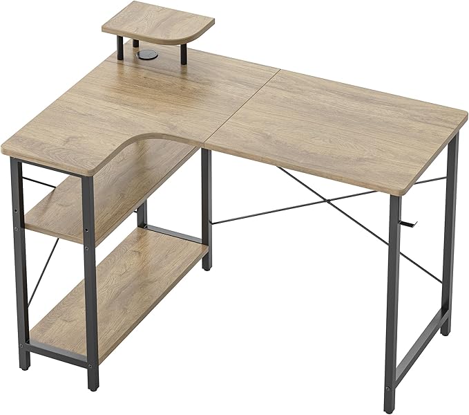 BANTI 43 Inch Corner Computer Desk with Left Storage Shelves, Small L Shaped Office Desk with Top Shelf, Study Writing Table, Mocha - LeafyLoom