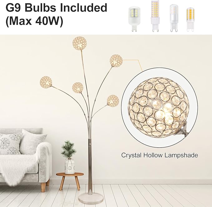 DLLT Floor Lamps for Living Room, 3-Light Chrome Arc Standing Lamp, 86.6" Modern Tall Tree Floor Lamp with Adjustable Arms, Multi-Head LED Floor Lamps for Bedroom, Study, Office, G9 Bulbs Included - LeafyLoom