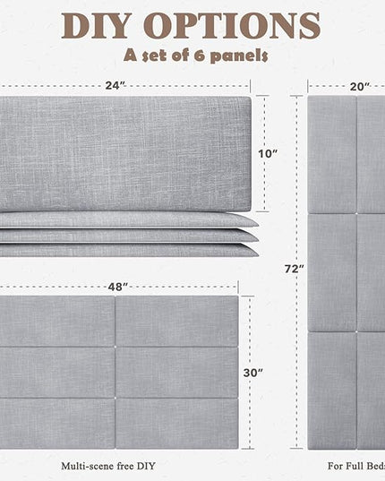 Twin Full Headboard, Wall Mounted Peel and Stick Headboard, Upholstered Tufted Bed Headboard for Twin Size Bed, Floating Dorm Bedroom Tall Headboard Soundproof Wall Panels (6 Panels, 10"x24") - LeafyLoom