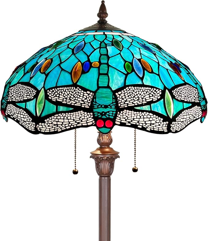 Capulina Tiffany Floor Lamp Sea Grass Dragonfly Style Stained Glass Standing Light Industrial Dark Bronze Pole for Living Room Bedroom Home Office - LeafyLoom