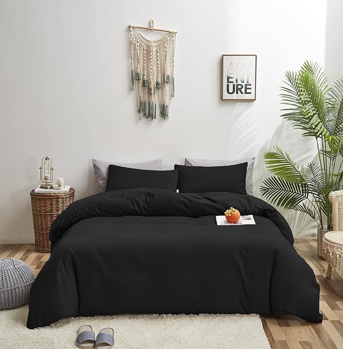 Black Comforter Twin Plain Black Bedding Set 3 Pieces Soft Black Comforter Set 1 Black Twin Comforter (68x90 inches) with 2 Pillowcases(20x26 inches) - LeafyLoom