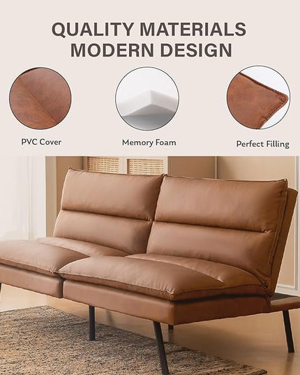 Futon Sofa Bed, Memory Foam Futon Couch with Adjustable Backrest, Multi-Functional Design Convertible Sofa Bed, Space-Saving Sleeper Sofa for Living Room(Brown-PU) - LeafyLoom