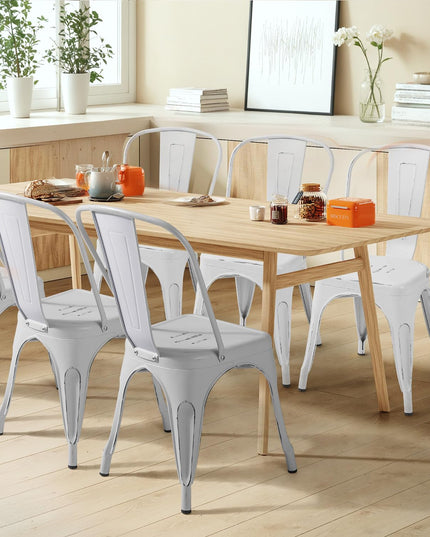 Furmax Metal Dining Chair Indoor Outdoor Use Stackable Chic Side Classic Trattoria Metal Chairs Set of 4 for Kitchen, Dining Room, Bistro and Cafe (Distressed White) - LeafyLoom
