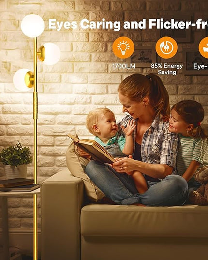 LED Floor Lamp for Living Room, 3 Globe Bright Standing Lamp with Remote, 4 Color Temterapure Dimmable Bedroom Lamp Modern Floor Lamp for Living Room Bedroom Office, 30W, 2700-6500K, Gold - LeafyLoom
