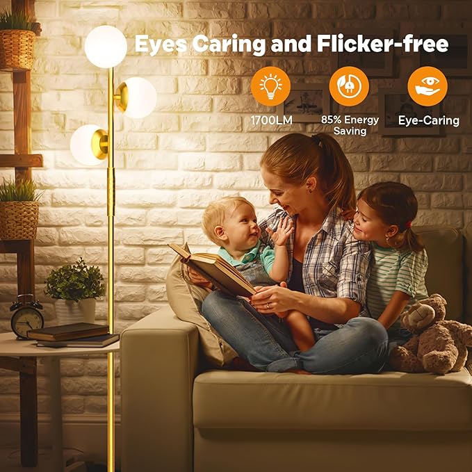 LED Floor Lamp for Living Room, 3 Globe Bright Standing Lamp with Remote, 4 Color Temterapure Dimmable Bedroom Lamp Modern Floor Lamp for Living Room Bedroom Office, 30W, 2700-6500K, Gold - LeafyLoom