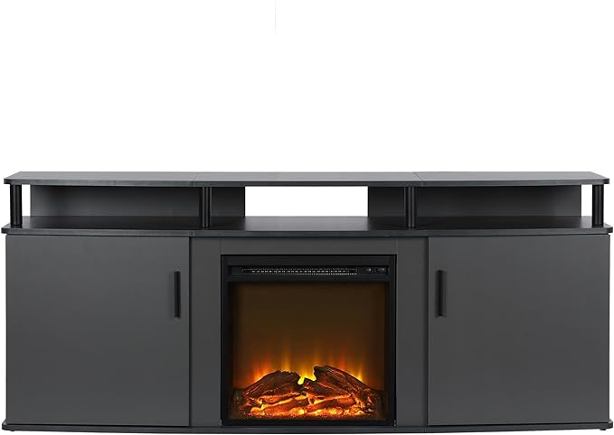 Ameriwood Home Carson Fireplace TV Stand for TVs up to 70 Inch, Replaceable Electric Fireplace Insert Heater, Realistic Log and Flame Effect, For Living Room or Bedroom, Gray - LeafyLoom