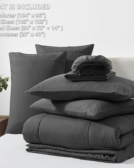 CozyLux California King Size Comforter Sets - 7 Pieces Bed in a Bag Set Dark Grey, Bedding Sets Cal King with All Season Quilted Comforter, Flat Sheet, Fitted Sheet, Pillowcases, Dark Grey - LeafyLoom