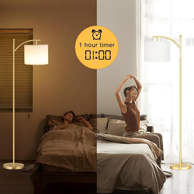 Ambimall Floor Lamp with Remote Control and Stepless Dimmable Bulb, Colors Temperature & Brightness Adjustable, Modern Floor Lamps for Living Room（White Shade & Gold Pole） - LeafyLoom