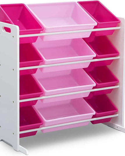 Delta Children Kids Toy Storage Organizer with 12 Plastic Bins - Greenguard Gold Certified, White/Pink - LeafyLoom