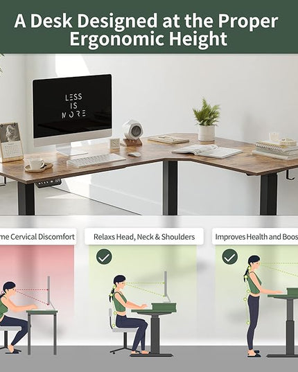 FEZIBO 75 Inches, Supports over 300mlbs, L Shaped Standing Desk Reversible, Electric Height Adjustable Corner Stand up Desk, Sit Stand Desk Computer Workstation, Black Frame/Rustic Brown Top - LeafyLoom