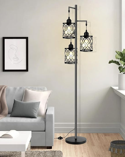 Industrial Floor Lamp, Metal Farmhouse Floor Lamp for Living Room, Rustic Standing Tall Lamp with 3 Elegant Cage Heads, Tree Floor Lamp for Bedrooms, Home Office, Bar, 68", Black, Bulb Not Included - LeafyLoom