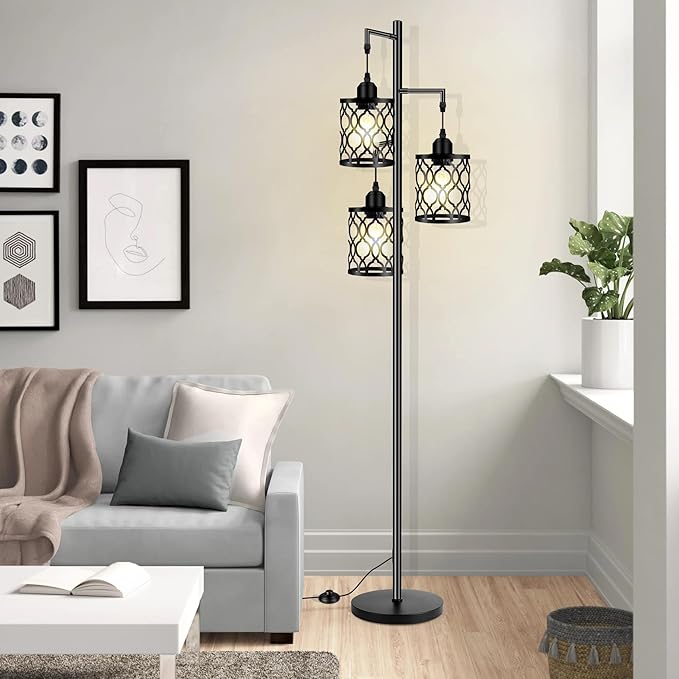 Industrial Floor Lamp, Metal Farmhouse Floor Lamp for Living Room, Rustic Standing Tall Lamp with 3 Elegant Cage Heads, Tree Floor Lamp for Bedrooms, Home Office, Bar, 68", Black, Bulb Not Included - LeafyLoom
