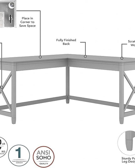 Bush Furniture Key West 60W L Shaped Desk with 2 Drawer Mobile File Cabinet in Cape Cod Gray - LeafyLoom