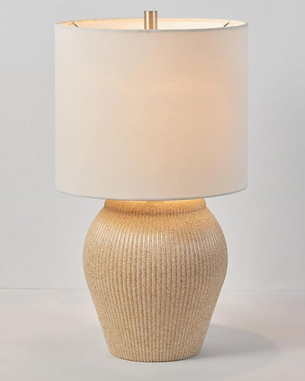 Globe Electric 61000049 18" Ceramic Table Lamp, Soft Beige Finish, White Linen Shade, On/Off Rotary Switch on Socket, Table Lamp for Living Room, Home Décor, Lamps for Bedroom, Room Décor - LeafyLoom