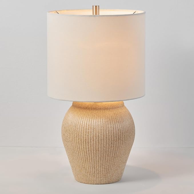 Globe Electric 61000049 18" Ceramic Table Lamp, Soft Beige Finish, White Linen Shade, On/Off Rotary Switch on Socket, Table Lamp for Living Room, Home Décor, Lamps for Bedroom, Room Décor - LeafyLoom