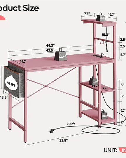 Bestier Pink Gaming Desk with Power Outlets, 44 Inch Led Gamer Desk with 4 Tiers Reversible Shelves, Pink Computer Desk with Headset Hook & Side Storage Bag for Bedroom (Pink 3D Carbon Fiber) - LeafyLoom