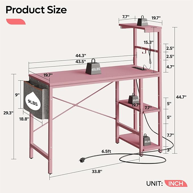 Bestier Pink Gaming Desk with Power Outlets, 44 Inch Led Gamer Desk with 4 Tiers Reversible Shelves, Pink Computer Desk with Headset Hook & Side Storage Bag for Bedroom (Pink 3D Carbon Fiber) - LeafyLoom