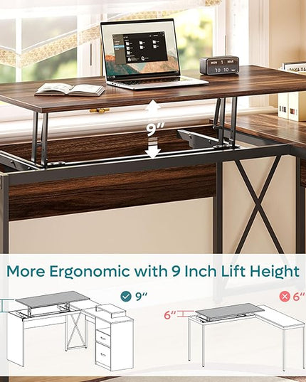 Bestier Lift Top L Shaped Desk with File Drawer, 55'' x 55'' Office Desk with Reversible Storage Drawers, L Shaped Standing Desk with Computer Monitor Stand (Walnut, 55'' x 55'') - LeafyLoom