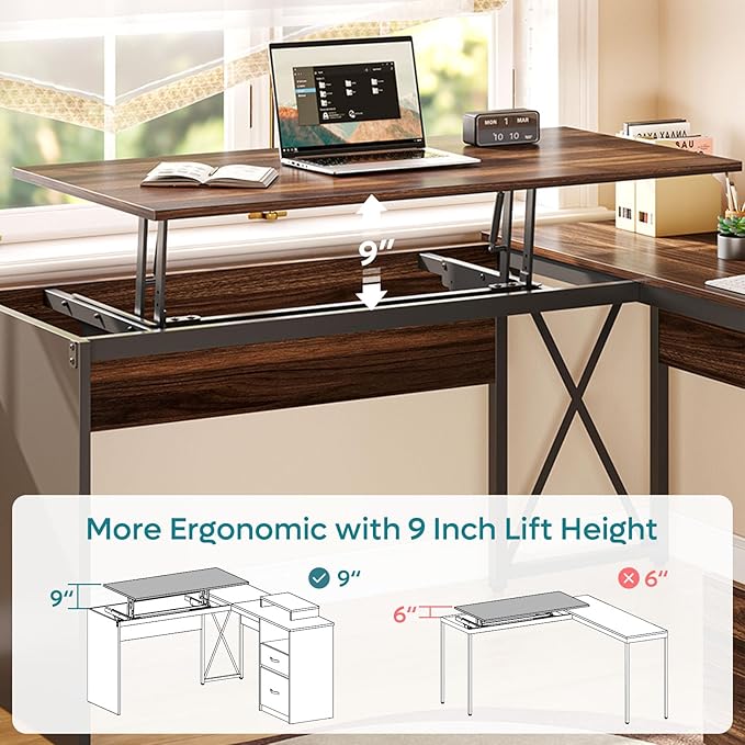 Bestier Lift Top L Shaped Desk with File Drawer, 55'' x 55'' Office Desk with Reversible Storage Drawers, L Shaped Standing Desk with Computer Monitor Stand (Walnut, 55'' x 55'') - LeafyLoom