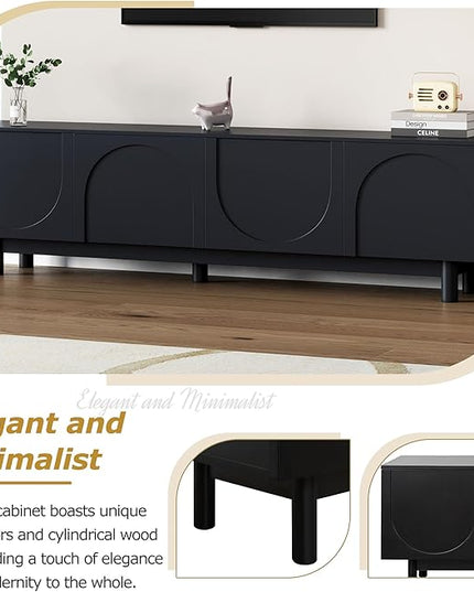 Merax Graceful TV Stand with Arch Cabinets for Televisions Up to 78'', Minimalist Entertainment Center with Solid Wood Legs and Adjustable Shelves, Practical Media Console for Living Room, Black - LeafyLoom