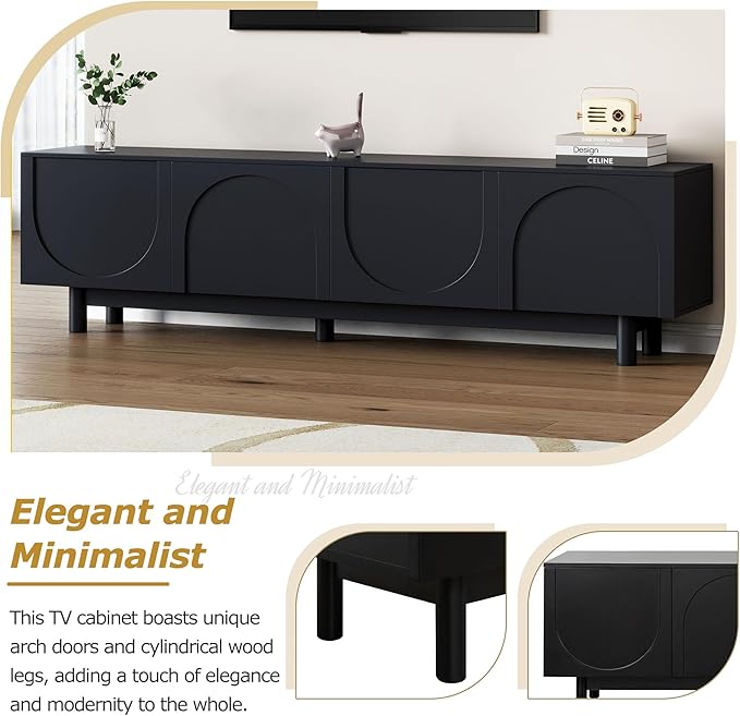Merax Graceful TV Stand with Arch Cabinets for Televisions Up to 78'', Minimalist Entertainment Center with Solid Wood Legs and Adjustable Shelves, Practical Media Console for Living Room, Black - LeafyLoom