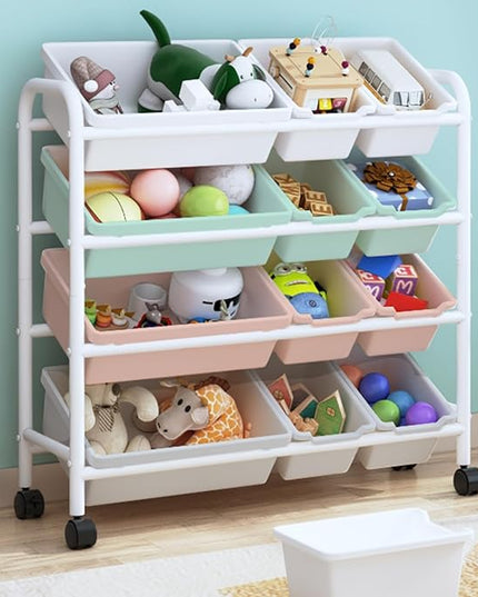 Kids Toy Storage Organizer with 12 Plastic Bins, 4-Tier Metal Toy Storage Rack, Metal Toy Organizer with Storage Bins for Kids Room, Playroom and Nursery, Multi-Color - LeafyLoom