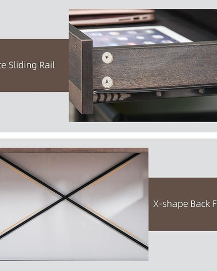 HOMCOM Industrial Style Home Office Desk with Filing Cabinet Storage Drawer for Letter Size Papers and Steel Frame, Black/Walnut - LeafyLoom