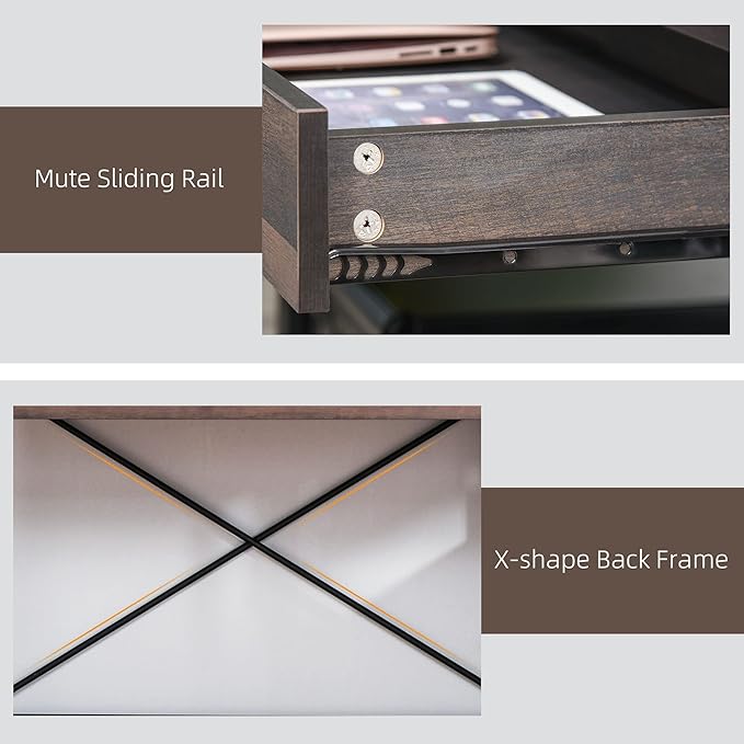 HOMCOM Industrial Style Home Office Desk with Filing Cabinet Storage Drawer for Letter Size Papers and Steel Frame, Black/Walnut - LeafyLoom