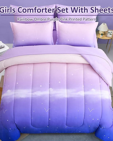 Dinjoy Girls Comforter Set Full Size Colorful Rainbow Ombre Purple Lavender Pink Bedding Set Gradient 7 Pieces Bed in A Bag for Kids Teen Girl Women(1 Comforter, 1 Flat Sheet, 1 Fitted Sheet) - LeafyLoom