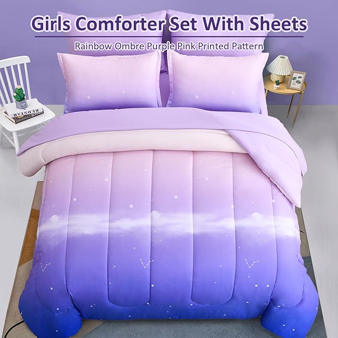 Dinjoy Girls Comforter Set Full Size Colorful Rainbow Ombre Purple Lavender Pink Bedding Set Gradient 7 Pieces Bed in A Bag for Kids Teen Girl Women(1 Comforter, 1 Flat Sheet, 1 Fitted Sheet) - LeafyLoom