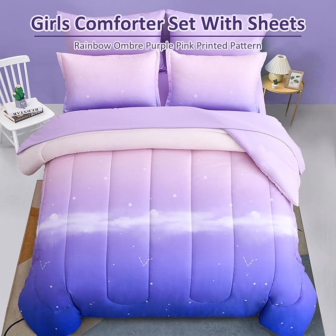 Dinjoy Girls Comforter Set Twin Size Colorful Rainbow Ombre Purple Lavender Pink Bedding Set Gradient 6 Pieces Bed in A Bag for Kids Teen Girl Women(1 Comforter, 1 Flat Sheet, 1 Fitted Sheet) - LeafyLoom