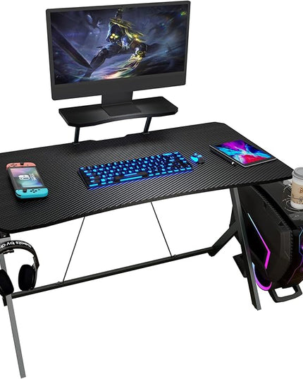 45IN Gaming Desk Gamer Table Carbon Fiber Surface Computer Table Gamer Desk with Monitor Shelf Office Home Study Desk Work PC Table Steel Legs Corner Desk Black - LeafyLoom