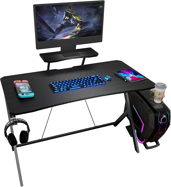 45IN Gaming Desk Gamer Table Carbon Fiber Surface Computer Table Gamer Desk with Monitor Shelf Office Home Study Desk Work PC Table Steel Legs Corner Desk Black - LeafyLoom