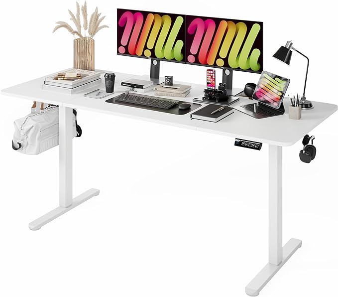 Monomi Electric Standing Desk, 63 x 28 inches Height Adjustable Desk, Ergonomic Home Office Sit Stand Up Desk with Memory Preset Controller (White Top/White Frame) - LeafyLoom