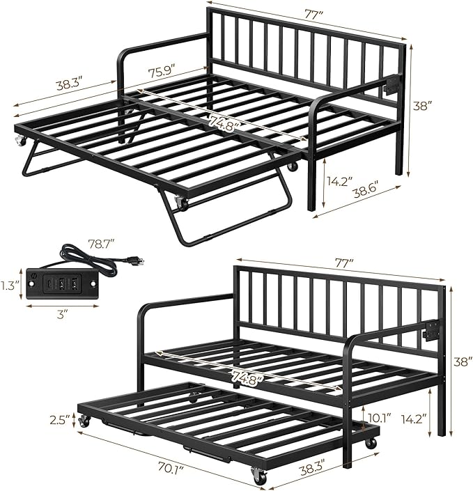 Rolanstar Daybed with Charging Station and LED Lights, Height Adjustable Twin Daybed with Trundle, Metal Sofa Bed Frame with Steel Slat Support for Living Room, Bedroom and Guest Room, Black - LeafyLoom